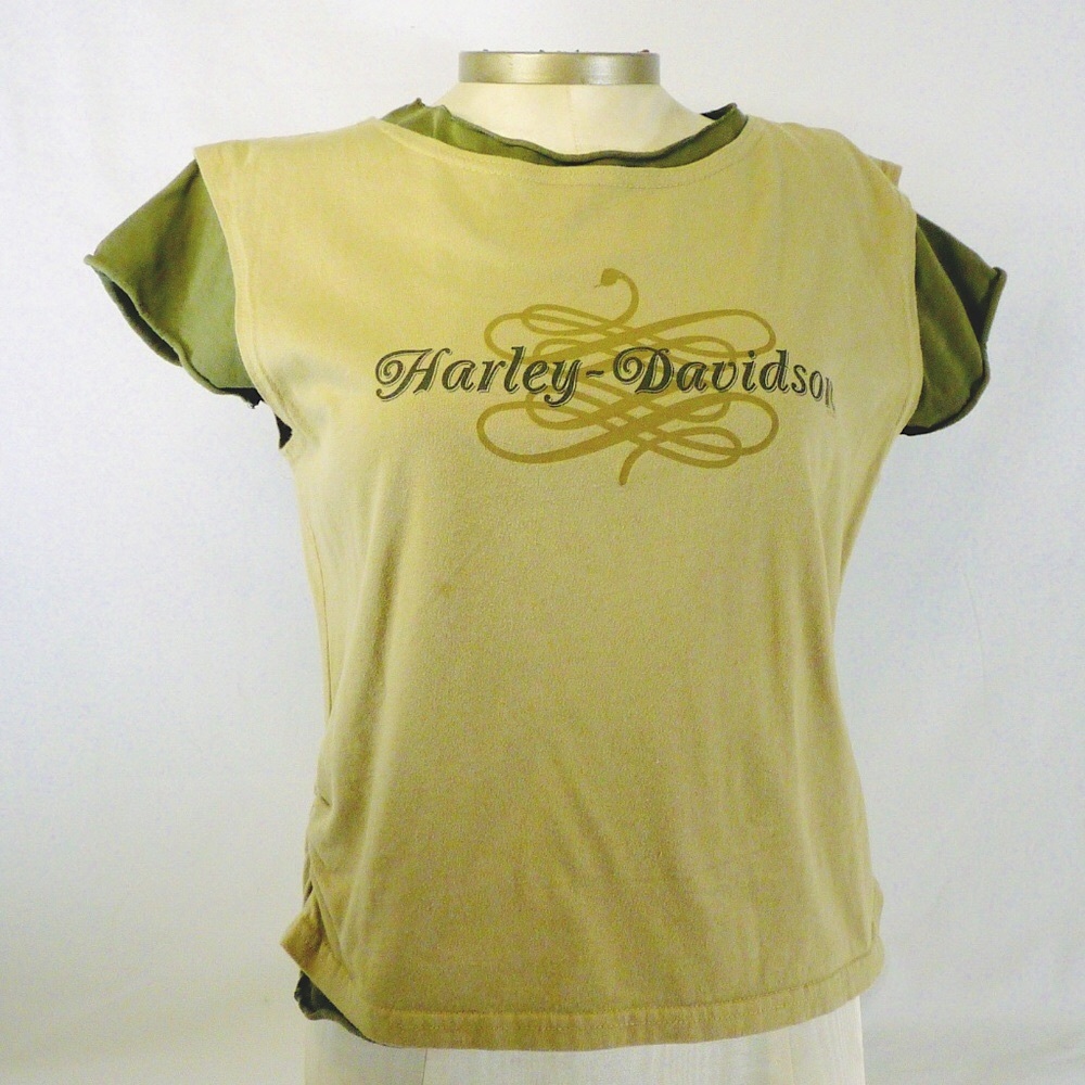 VINTAGE Genuine HARLEY-DAVIDSON Women's L 2-Piece Olive Green w/Cap Sleeves